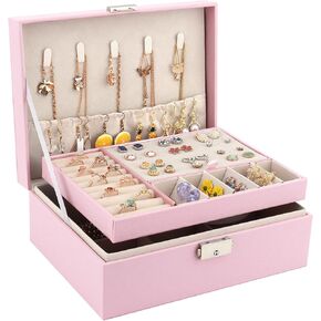 منظم صندوق المجوهرات من ديزاينستر مع قفل من طبقتين من جلد البولي يوريثان، حقيبة تخزين المجوهرات مع صينية قابلة للإزالة للقلادة والأقراط والخواتم والأساور (وردي) in Kuwait