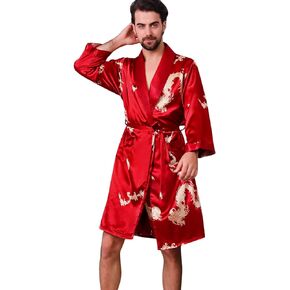 Haseil Men's Satin Robe Dragon Luxurious Silk Spa Long Sleeve House Kimono Bathrobe