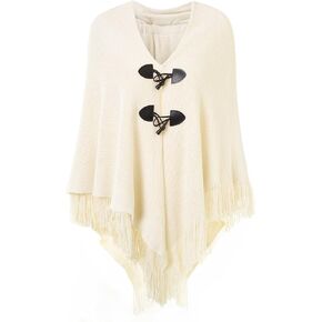 Ferand Women’s Loose Fitting Poncho Cape Shawl with Stylish Horn Buttons, V Neckline and V Hem