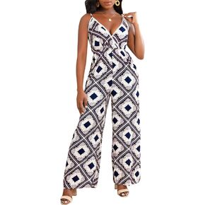 Women's V Neck Sleeveless Jumpsuits Casual Loose Adjustable Spaghetti Strap Floral Printed Long Romper with Pockets