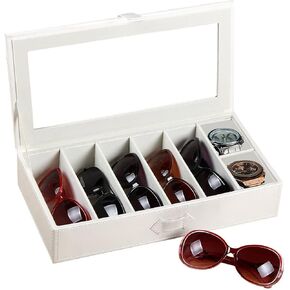 YAPISHI Sunglasses Case for Multiple Glasses Organizer Leather White, Transparent Rectangular 7 Eyeglasses Display Storage Box Caddy for Home Bedroom Nightstand Beside Table Business Trip Gift