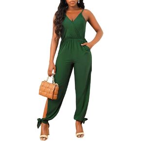 Women's V Neck Sleeveless Jumpsuits Casual Loose Adjustable Spaghetti Strap Floral Printed Long Romper with Pockets