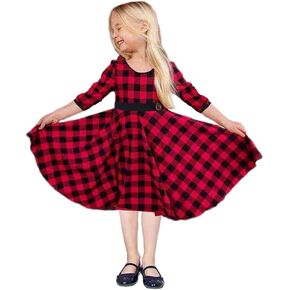 LuckyShe Girls Christmas Dress 3/4 Sleeve Buffalo Plaid Casual Tunic Dresses with Pockets