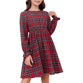 فساتين بناتي منقوشة بطباعة منقوشة للأطفال، فستان على شكل حرف A بياقة دائرية وأكمام مكشكشة من عمر 3 إلى 14 سنة in Kuwait