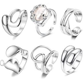 ريوسو خاتم فضي مكتنز للنساء من 6 قطع، خواتم ابهام عتيقة قابلة للتعديل، نحاس فضي، لؤلؤ صناعي, نحاس فضي, لؤلؤة اصطناعية in Kuwait