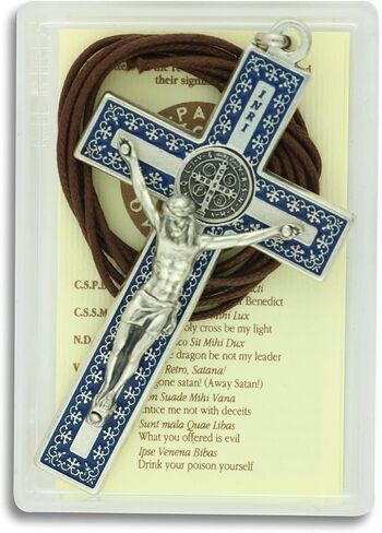 St St. Benedict Crucifix Necklace 3" Pendant Cross Medal Blue Enamel Gift Boxed W. Cord & Card in Saudi Arabia