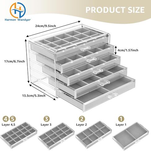 منظم مجوهرات هارمون وانديير الأكريليك، صندوق مجوهرات شفاف مع 5 أدراج، حافظة عرض منظم لتخزين الأقراط الشفافة للنساء والفتيات، رمادي in Kuwait