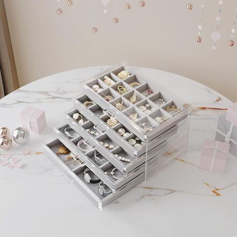 منظم مجوهرات هارمون وانديير الأكريليك، صندوق مجوهرات شفاف مع 5 أدراج، حافظة عرض منظم لتخزين الأقراط الشفافة للنساء والفتيات، رمادي in Kuwait