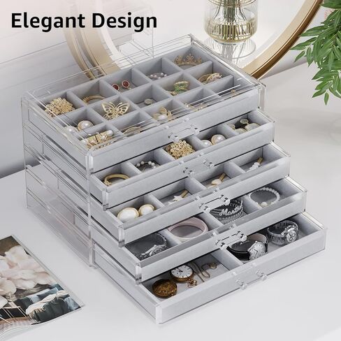 منظم مجوهرات هارمون وانديير الأكريليك، صندوق مجوهرات شفاف مع 5 أدراج، حافظة عرض منظم لتخزين الأقراط الشفافة للنساء والفتيات، رمادي in Kuwait