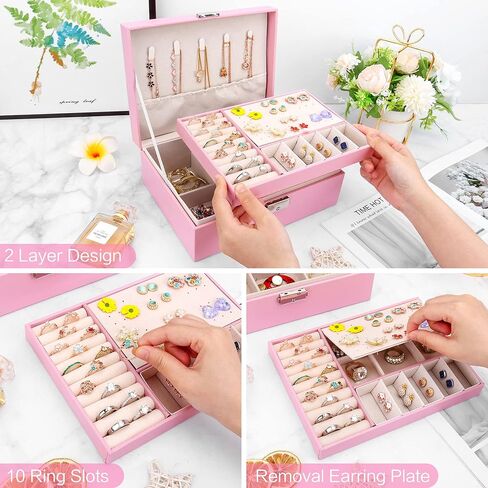 منظم صندوق المجوهرات من ديزاينستر مع قفل من طبقتين من جلد البولي يوريثان، حقيبة تخزين المجوهرات مع صينية قابلة للإزالة للقلادة والأقراط والخواتم والأساور (وردي) in Kuwait