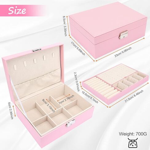 منظم صندوق المجوهرات من ديزاينستر مع قفل من طبقتين من جلد البولي يوريثان، حقيبة تخزين المجوهرات مع صينية قابلة للإزالة للقلادة والأقراط والخواتم والأساور (وردي) in Kuwait