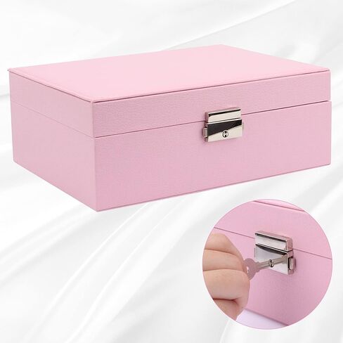 منظم صندوق المجوهرات من ديزاينستر مع قفل من طبقتين من جلد البولي يوريثان، حقيبة تخزين المجوهرات مع صينية قابلة للإزالة للقلادة والأقراط والخواتم والأساور (وردي) in Kuwait