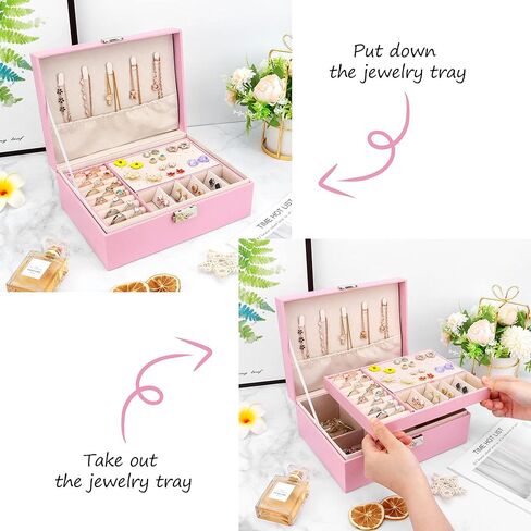 منظم صندوق المجوهرات من ديزاينستر مع قفل من طبقتين من جلد البولي يوريثان، حقيبة تخزين المجوهرات مع صينية قابلة للإزالة للقلادة والأقراط والخواتم والأساور (وردي) in Kuwait