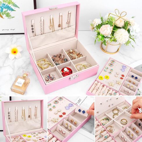 منظم صندوق المجوهرات من ديزاينستر مع قفل من طبقتين من جلد البولي يوريثان، حقيبة تخزين المجوهرات مع صينية قابلة للإزالة للقلادة والأقراط والخواتم والأساور (وردي) in Kuwait