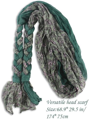 2 In 1 Floral Boho Headwear Hijab Scarf for Travel Soft Cotton Hemp Crepe Crinkled Head Wrap Turban for Woman in Kuwait