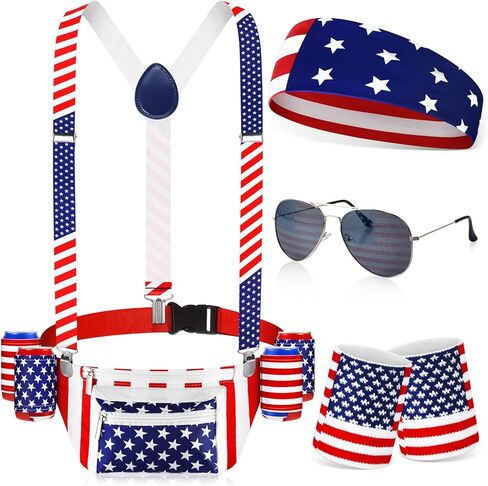 9 Pcs Patriotic Fanny Pack Beverage Beer Belt Set USA Belt Bag Suspenders Drink Holder American Flag Headband Wristband (Stylish) in Saudi Arabia