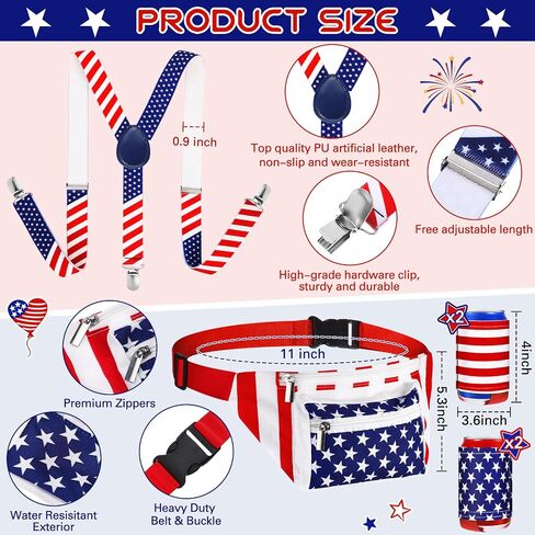 9 Pcs Patriotic Fanny Pack Beverage Beer Belt Set USA Belt Bag Suspenders Drink Holder American Flag Headband Wristband (Stylish) in Saudi Arabia