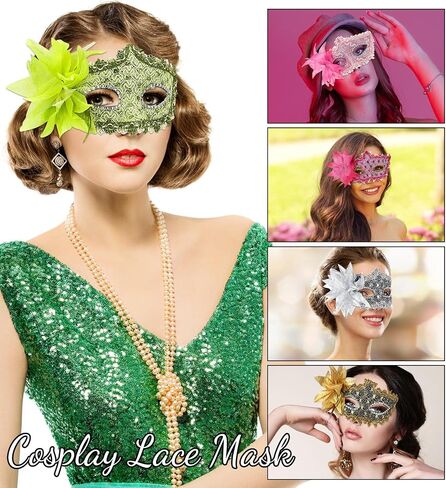 12 قطعة من أقنعة الحفلات التنكرية للنساء بتصميم كرة البندقية مع اقنعة نصف وجه من الدانتيل بنمط زهور مناسبة للحفلات التنكرية وكرنفال ماردي جرا، متعددة الالوان، مقاس واحد in Saudi Arabia