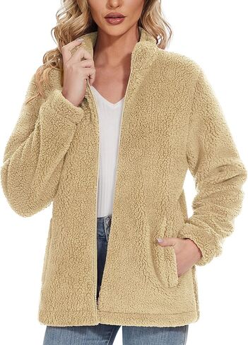 جاكيت شيربا للسيدات من MAGCOMSEN معطف تيدي غامض بسحاب كامل مع جيوب مبطن بالصوف ملابس غير رسمية للشتاء الدافئ in Kuwait