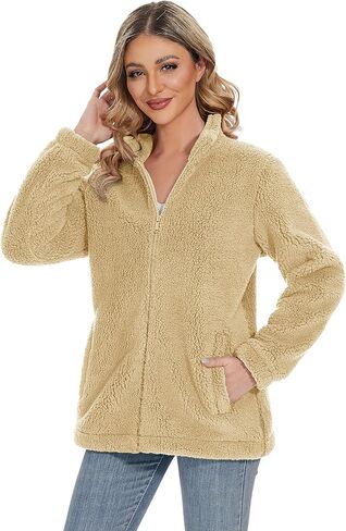 جاكيت شيربا للسيدات من MAGCOMSEN معطف تيدي غامض بسحاب كامل مع جيوب مبطن بالصوف ملابس غير رسمية للشتاء الدافئ in Kuwait