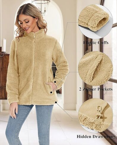 جاكيت شيربا للسيدات من MAGCOMSEN معطف تيدي غامض بسحاب كامل مع جيوب مبطن بالصوف ملابس غير رسمية للشتاء الدافئ in Kuwait