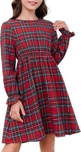 فساتين بناتي منقوشة بطباعة منقوشة للأطفال، فستان على شكل حرف A بياقة دائرية وأكمام مكشكشة من عمر 3 إلى 14 سنة in Kuwait