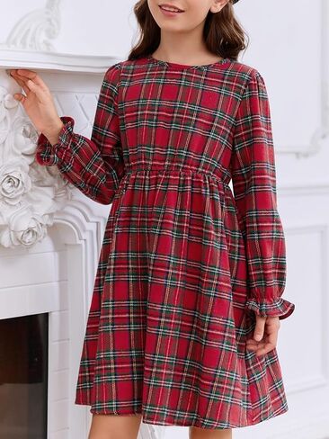 فساتين بناتي منقوشة بطباعة منقوشة للأطفال، فستان على شكل حرف A بياقة دائرية وأكمام مكشكشة من عمر 3 إلى 14 سنة in Kuwait