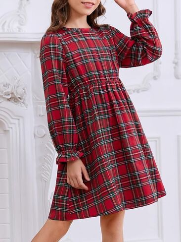 فساتين بناتي منقوشة بطباعة منقوشة للأطفال، فستان على شكل حرف A بياقة دائرية وأكمام مكشكشة من عمر 3 إلى 14 سنة in Kuwait