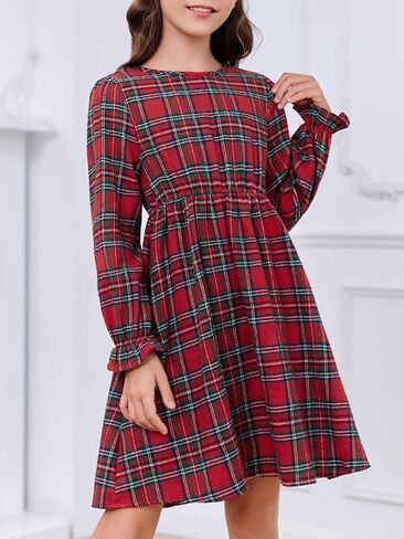 فساتين بناتي منقوشة بطباعة منقوشة للأطفال، فستان على شكل حرف A بياقة دائرية وأكمام مكشكشة من عمر 3 إلى 14 سنة in Kuwait