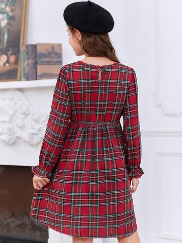 فساتين بناتي منقوشة بطباعة منقوشة للأطفال، فستان على شكل حرف A بياقة دائرية وأكمام مكشكشة من عمر 3 إلى 14 سنة in Kuwait