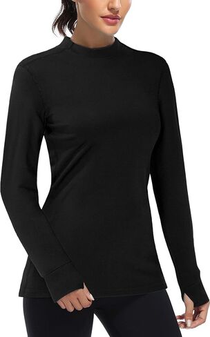 Fulbelle Womens Thermal Fleece Mock Neck Long Sleeve Running Shirts, Thumbholes Cold Weather Base Layer in Kuwait