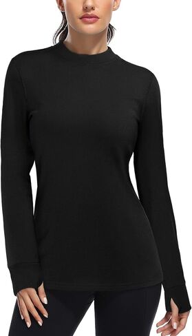 Fulbelle Womens Thermal Fleece Mock Neck Long Sleeve Running Shirts, Thumbholes Cold Weather Base Layer in Kuwait