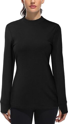 Fulbelle Womens Thermal Fleece Mock Neck Long Sleeve Running Shirts, Thumbholes Cold Weather Base Layer in Kuwait