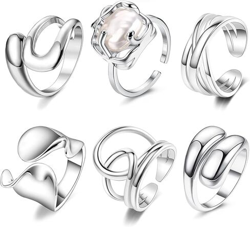 ريوسو خاتم فضي مكتنز للنساء من 6 قطع، خواتم ابهام عتيقة قابلة للتعديل، نحاس فضي، لؤلؤ صناعي, نحاس فضي, لؤلؤة اصطناعية in Kuwait