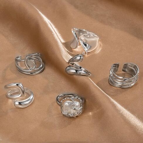 ريوسو خاتم فضي مكتنز للنساء من 6 قطع، خواتم ابهام عتيقة قابلة للتعديل، نحاس فضي، لؤلؤ صناعي, نحاس فضي, لؤلؤة اصطناعية in Kuwait