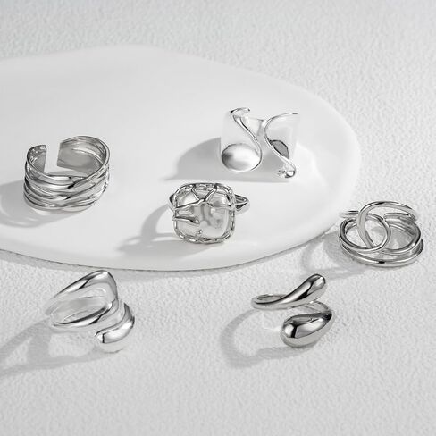 ريوسو خاتم فضي مكتنز للنساء من 6 قطع، خواتم ابهام عتيقة قابلة للتعديل، نحاس فضي، لؤلؤ صناعي, نحاس فضي, لؤلؤة اصطناعية in Kuwait