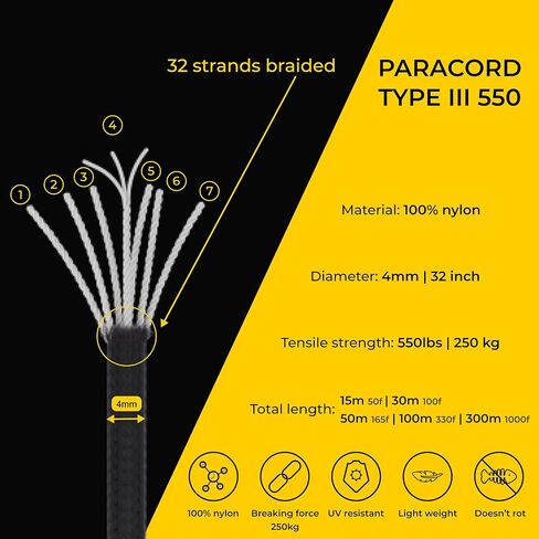 EdcX Paracord 4mm, 25+ Solid Colors (50ft, 100ft, 200ft, 400ft) | Ideal for Crafting, DIY, Camping, Survivial, Outdoor | 100% Nylon Rope 4mm| Tactical Cord 550 Type III (Black, 50ft) in Saudi Arabia