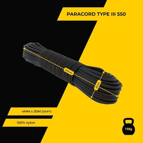 EdcX Paracord 4mm, 25+ Solid Colors (50ft, 100ft, 200ft, 400ft) | Ideal for Crafting, DIY, Camping, Survivial, Outdoor | 100% Nylon Rope 4mm| Tactical Cord 550 Type III (Black, 50ft) in Saudi Arabia