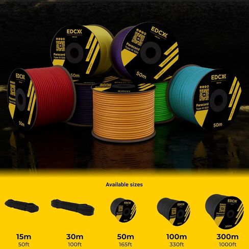 EdcX Paracord 4mm, 25+ Solid Colors (50ft, 100ft, 200ft, 400ft) | Ideal for Crafting, DIY, Camping, Survivial, Outdoor | 100% Nylon Rope 4mm| Tactical Cord 550 Type III (Black, 50ft) in Saudi Arabia