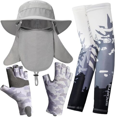 DEILAI 3 قطع قفازات الصيد عدة للرجال والنساء قبعة الصيد واسعة حافة قبعة الشمس مع شبكة قابلة للإزالة غطاء الوجه والرقبة رفرف تنفس الأكمام الشمس الأكمام بارد الأكمام لصيد الأسماك المشي لمسافات طويلة التجديف التخييم in Kuwait