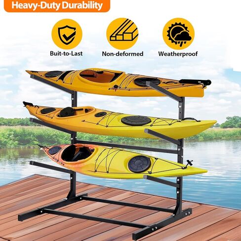 رف تخزين كاياك قائم بذاته من أوكسفانور 3 مستويات، حامل قوارب الكاياك وSUP قابل للتعديل، مقاوم للطقس وشديد التحمل، رف حامل لوح ركوب الأمواج، يحمل قوارب الكاياك، SUPs، ألواح التجديف، الزوارق in Kuwait