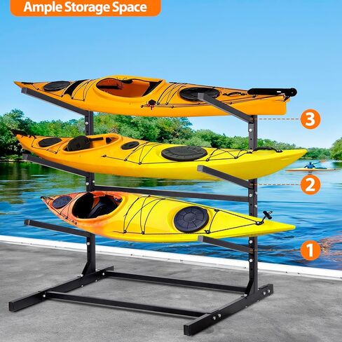رف تخزين كاياك قائم بذاته من أوكسفانور 3 مستويات، حامل قوارب الكاياك وSUP قابل للتعديل، مقاوم للطقس وشديد التحمل، رف حامل لوح ركوب الأمواج، يحمل قوارب الكاياك، SUPs، ألواح التجديف، الزوارق in Kuwait