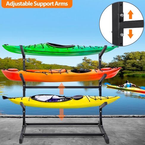 رف تخزين كاياك قائم بذاته من أوكسفانور 3 مستويات، حامل قوارب الكاياك وSUP قابل للتعديل، مقاوم للطقس وشديد التحمل، رف حامل لوح ركوب الأمواج، يحمل قوارب الكاياك، SUPs، ألواح التجديف، الزوارق in Kuwait
