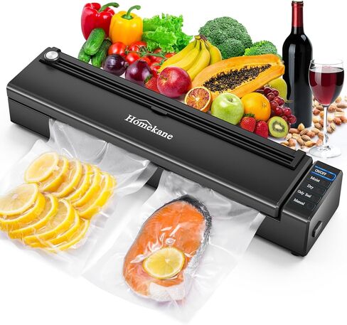 Vacuum Sealer Machine Homekane, 80kPa Vacuum Food Sealer with Dry & Moist Food Preservation Modes, Built-in Cutter, Automatic Vacuum Food Sealer with 5 Sealing Bags for Food Storage, Black in Kuwait