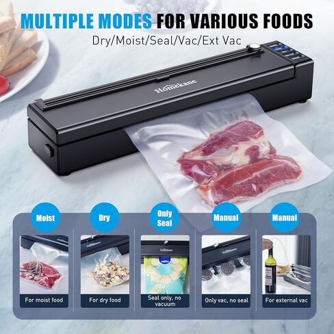 Vacuum Sealer Machine Homekane, 80kPa Vacuum Food Sealer with Dry & Moist Food Preservation Modes, Built-in Cutter, Automatic Vacuum Food Sealer with 5 Sealing Bags for Food Storage, Black in Kuwait