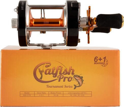 Catfish Pro Tournament Series 600CTS Round Baitcasting Reel - 6+1 Stainless Steel Ball Bearings, 5.3:1 Gear Ratio, 19lb Drag, Brass Gears, Centrifugal Brake, Durable & Powerful for Big Catfish Fishing in Kuwait