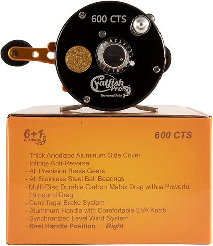 Catfish Pro Tournament Series 600CTS Round Baitcasting Reel - 6+1 Stainless Steel Ball Bearings, 5.3:1 Gear Ratio, 19lb Drag, Brass Gears, Centrifugal Brake, Durable & Powerful for Big Catfish Fishing in Kuwait