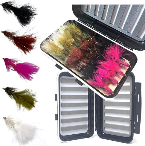Feeder Creek Bead Head Wooly Bugger Assortment, 36 Fly Fishing Flies for Trout, Bass, Salmon & More Freshwater Fish, 5 Colors Variety, Includes Large Waterproof Fly Box in Saudi Arabia