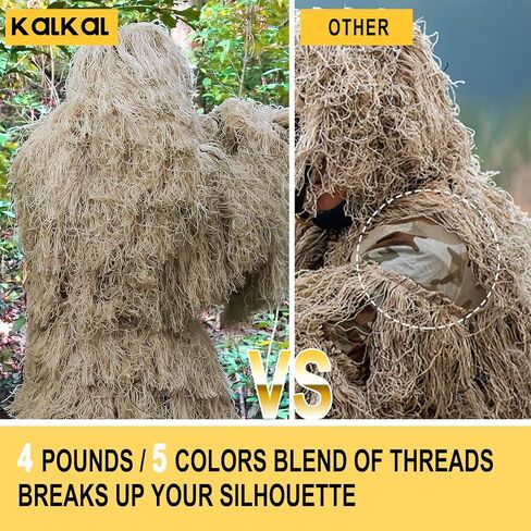 بدلة Kalkal Ghillie، 5 في 1 ملابس صيد مموهة ثلاثية الأبعاد للرجال، تصميم بخياطة مزدوجة | تمويه وودلاند، بدلة جيلي للشباب البالغين لصيد الغابة والحياة البرية والتصوير الفوتوغرافي للهالوين in Kuwait