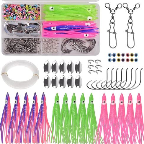 Fishing Squid Rigs Making Kit 161pcs Fluke Flounder Saltwater Fishing Hoochie Rig, Include Soft Squid Skirt Lure, 3 Way Swivel with Duo Lock Snap, Spinner Blade Clevis, Fishing Octopus Hook Line Beads in Saudi Arabia